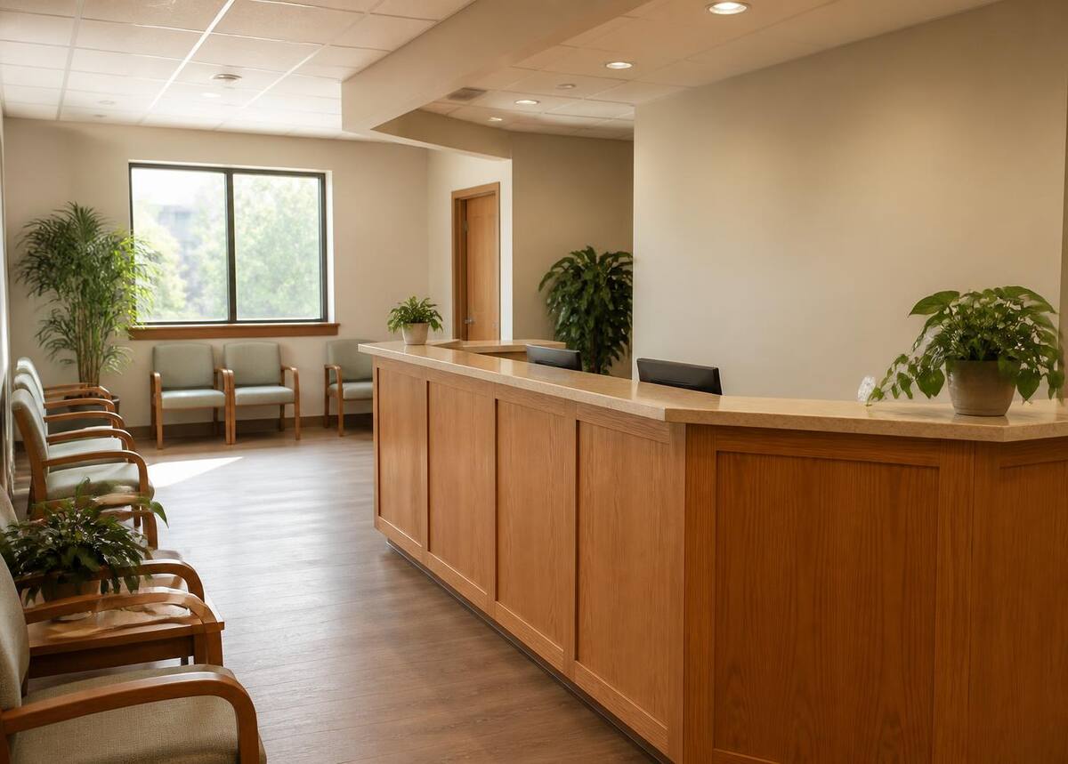 A welcoming clinic reception area with a wooden front desk, plants and daylight