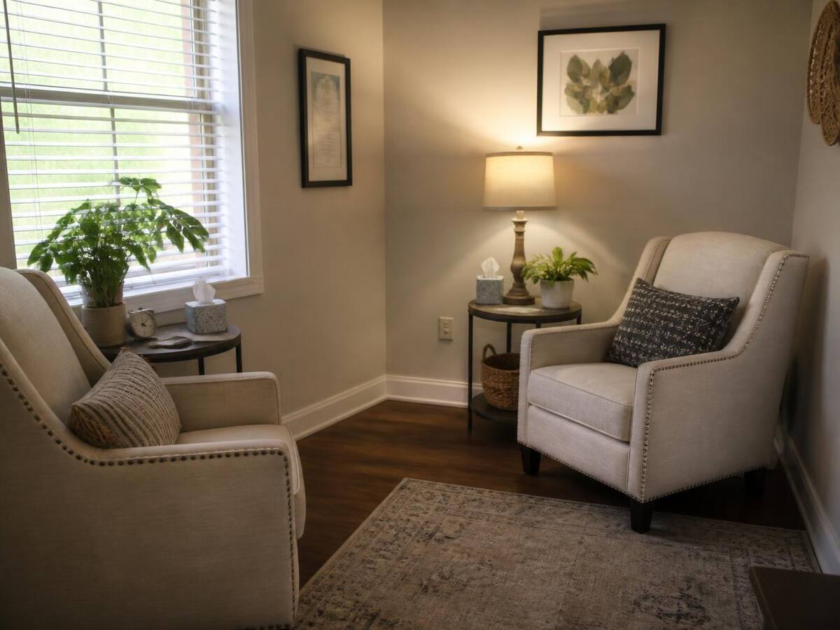 A calm counseling room with two soft armchairs facing each other beside a window